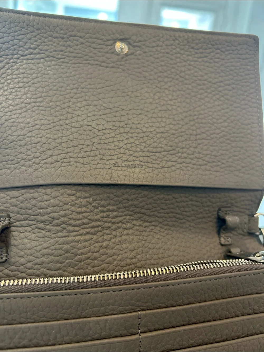 AllSaints Gray Fetch Pebbled Leather Crossbody slight wear GUC